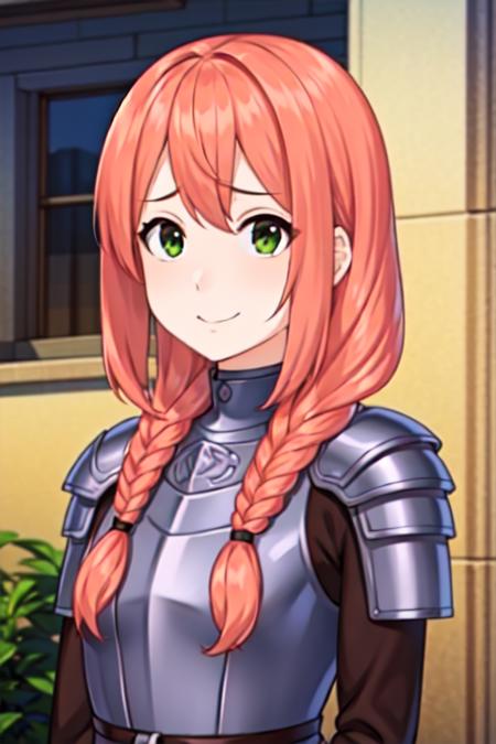 <lora:himitsu:0.6> {himitsu}, solo, pink hair, {twin braids}, looking at viewer, smile, {green eyes}, {detailed face}, thin, small bust, smile,  <lora:WaifuSouls:1.4>, {{plate armor}}, flower, {gauntlets}, {flower field}, {{full armor}}, {{breastplate}}, {{black shoulder armor}}