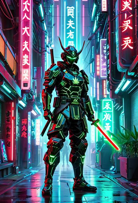 futuristic samurai warrior wearing high-tech armor with glowing circuits, neon katana, cybernetic enhancements, standing in a misty neon-lit alley, holographic signs and futuristic Japanese architecture, intense cinematic lighting, ultradetailed, epic pose, 420 Futurism style, concept art, full body, dynamic perspective
, 420futurism