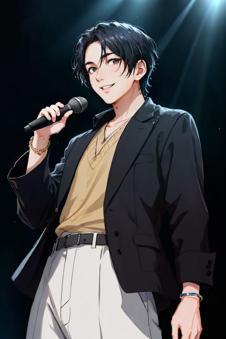 (1man:1.6),(male:1.6),<lora:ShinwonKo>,(male focus:1.4),solo,looking at viewer,smile,short hair,black hair,jacket,male focus,grin,bracelet,microphone,realistic,on stage,performance,perfect hands,backlight,subsurface scattering,absurdres,realistic proportions,perfect lighting,85mm lens,side lighting,(vibrant colors),film still,HDR,photographed by Canan EOS R6,135mm,1/1250s,f/2.8,ISO 400,photorealistic,sharp focus,