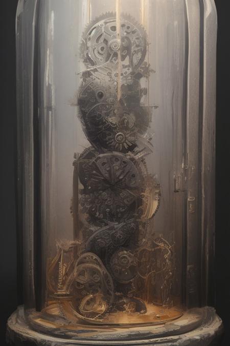 A human heart, crafted entirely from intricate clockwork gears and cogs, beats rhythmically in the center of a darkened chamber. The gears, made of polished brass and shimmering silver, rotate and mesh with precision, their movements creating a mesmerizing dance of light and shadow.  Delicate springs and levers, mimicking the valves and arteries of a real heart, pulse with each beat. The chamber is filled with the soft ticking and whirring of the clockwork mechanism, a symphony of mechanical life. This image captures the beauty and complexity of the human heart, reimagined as a marvel of clockwork engineering, a testament to the delicate balance between life and machine. Clockwork, metallic gears