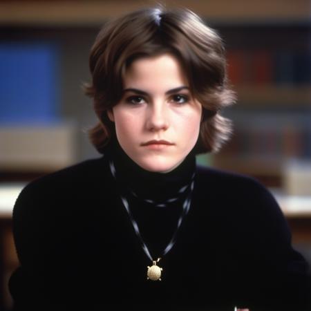 <lora:allysheedy_sdxl:1> allysheedy,  beauty photo of a serious teenage student, Short Blonde tomboy hairstyle, make up, detailed skin,  wearing a black tight turtle neck sweater,  jewellery, sitting at desk in classroom, looking at the viewer, bounced lighting, (from above:.8),Hasselblad 500CM, film grain