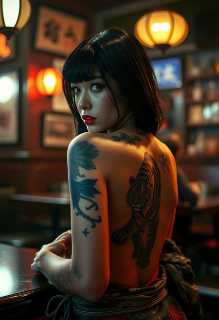 (Soft Lighting Photography by Mimoza Veliu and Mario Giacomelli:1.2), NSFW, A strikingly alluring sexy Japanese girl with sleek black hair adorned with intricate yakuza tiger tattoos sits in a bar, her shiny skin glistening under the dim lights. She is depicted in a photograph, seen from the back while glancing coyly at the viewer, showcasing her beautiful eyes. The scene captures her taking off her kimono, emphasizing the contrast between her delicate features and the edgy tattoo art. The image exudes a seductive yet mysterious vibe, with attention to detail in the composition and lighting, making it a visually stunning piece of art.. Hyperrealistic style with high contrast and saturation, sharp focus