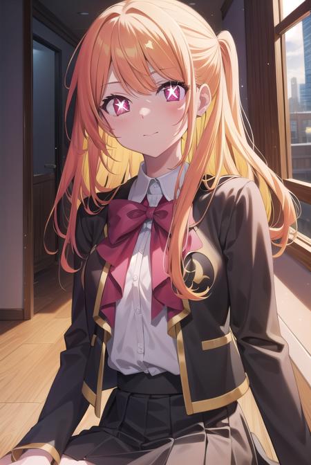 rubyhoshino, <lora:rubyhoshino-lora-nochekaiser:1>, 
ruby hoshino, (yellow hair:1.5), long hair, one side up, (pink eyes:1.5), sidelocks, (star-shaped pupils:1.5), (symbol-shaped pupils:1.5), (mismatched pupils:1.5),
BREAK black vest, blue jacket, bow, bowtie, collared shirt, cropped jacket, jacket, kneehighs, long sleeves, pink bow, pink bowtie, pleated skirt, school uniform, shirt, skirt, socks, vest, white shirt, white socks, youtou high school uniform,
BREAK looking at viewer,
BREAK indoors, classroom,
BREAK <lyco:GoodHands-beta2:1>, (masterpiece:1.2), best quality, high resolution, unity 8k wallpaper, (illustration:0.8), (beautiful detailed eyes:1.6), extremely detailed face, perfect lighting, extremely detailed CG, (perfect hands, perfect anatomy),