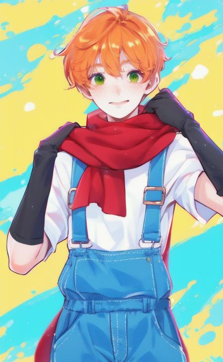 Eddie orange hair, green eyes, freckles red scarf, overalls, blue pants, black gloves, white shirt