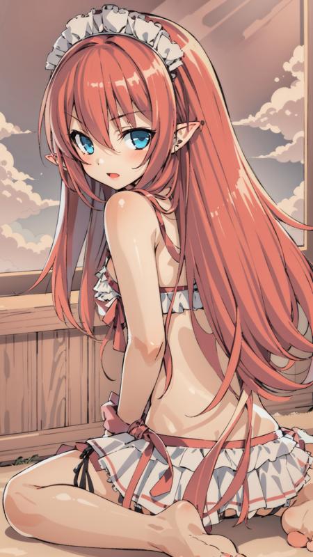 toona,1girl, solo,pointy ears,long hair, white maid bikini,,wariza,blue sky,sunny,sunlight<lora:ToonaimageTEST:0.4>