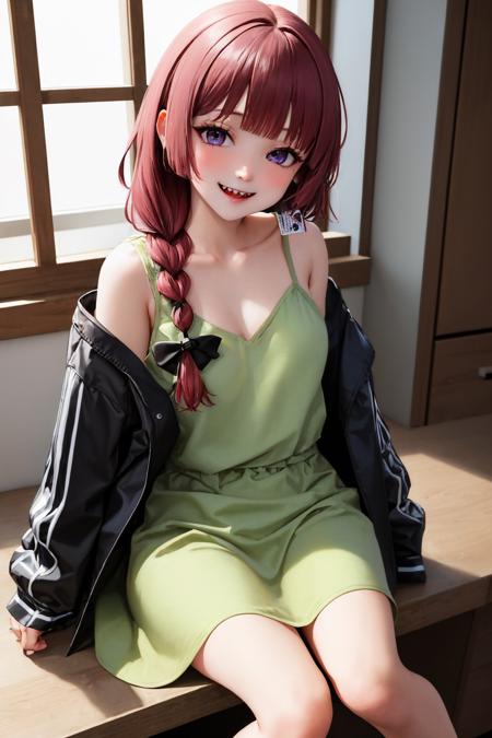 hiroi kikuri sharp teeth blunt bangs braid hair over shoulder hair bow green dress, strap slip two-tone jacket, open jacket, long sleeves, green dress