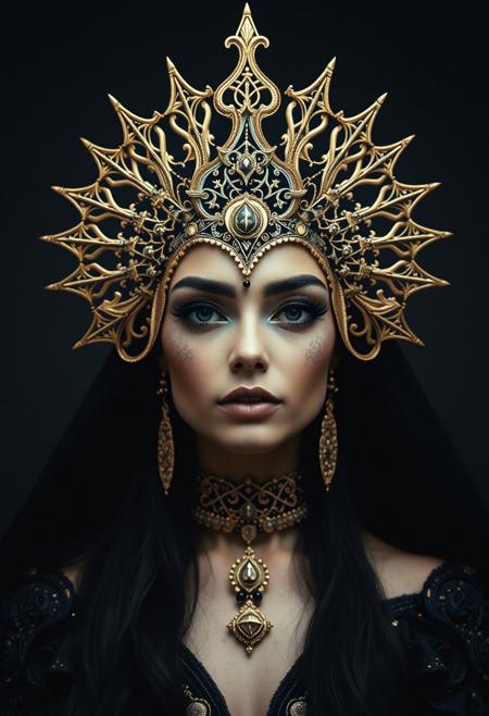 Symmetrical front view of a dark princess, in the style of celestial fasion, otherworldly beauty, celestialpunk, queencore, ornamented age aesthetics, gold and black, photography studio style