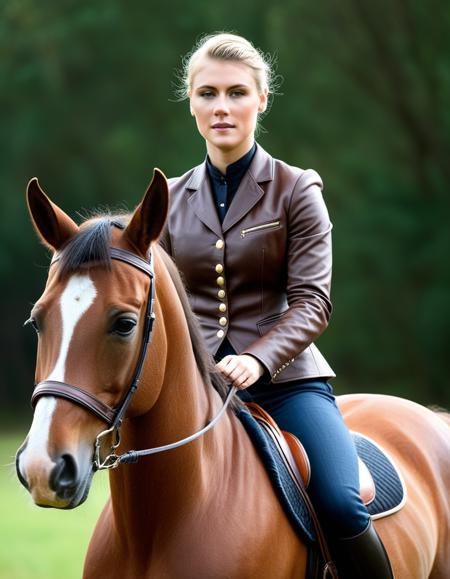 <lora:HannaHays:1.5> 1920 photo of 23 year old HannaHays, in danmark , riding a brown horse as a true amazone, properly dressed, tack sharp, soft lighting, low contrast, 4k, dslr