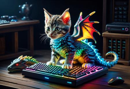 lazypos
A analog syle image of a tiny kitten, donning a miniature dragon costume, perches triumphantly atop an RGB keyboard tower, its soft fur glistening under the colorful glow. The kitten's paws grasp a chunk of a PC case, its teeth gently nibbling away as it surveys its kingdom. The keyboard's keys shine like jewels, casting a warm, inviting rgb light on the miniature dragon's adventure.