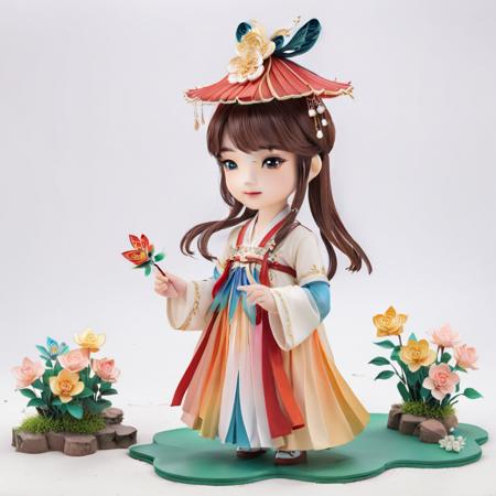 yanzhi,paper quilling Artwork,1girl,chibi,beauty eyes,High quality,Best quality,8K,brown hair,A light red hat,decorated with various pins, and leather bands on the side,American street style,White background,yanzhi,1girl,hanfu, white upper shan, multicolour chest pleated skirt, Studio lighting, <lora:hanfuTang_v41_R_SDXL:0.5> <lora:sdxl_yanzhiV4:0.5> <lora:neg4all_bdsqlsz_xl_V7:1>