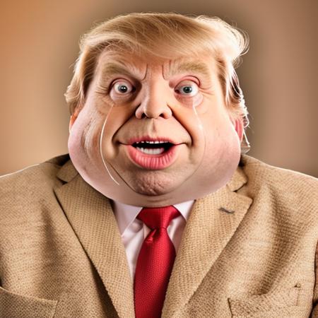 RAW photo, huge chins, small eyes , solo, upper body of a donald trump in f0r3v3r face, ((tears, wearing suit))<lora:f0r3v3r-v2-000055:0.8>, 8k uhd, dslr, high quality, film grain, Fujifilm XT3, simple background