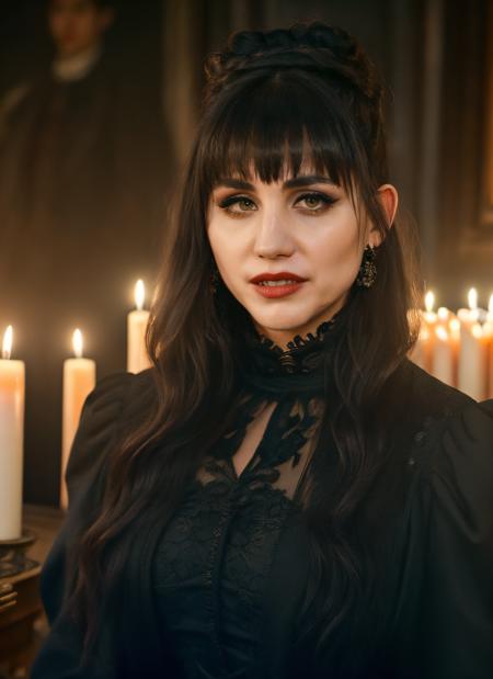 <lyco:Nadja:0.9> upper body portrait of nadja, skswoman, green eyes, makeup, wearing black gothic dress, double bun, bangs, half opened mouth with blood, vampire fangs, background blurred inside a mansion with (sargs:1.2), very old paintings in the wall, candles