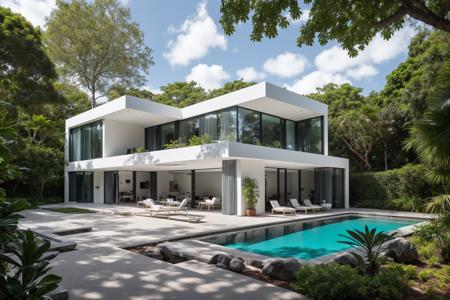 RAW photo,Masterpiece, high quality, best quality, authentic, super detail,
(exterior:1.1), contemporary house on the garden,design by Hugo Alvar Henrik
Aalto, nice landscape design,huge front yard, white gravel brick front yard, (tropical
trees and plants), blue sky,daylight,(high detailed :1.2), 8k uhd, dslr, soft lighting,
high quality, (film grain:1.1), Fujifilm XT3