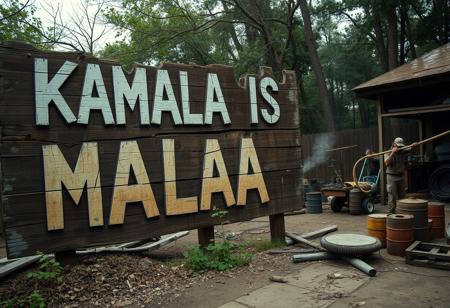Create an image of a large, decaying wooden sign that reads “KAMALA IS MALA” in faded, roughly painted letters. The sign appears weathered, with mold, moss, and splintered wood giving it a neglected, ominous feel. In the background, set up a chaotic, makeshift backyard resembling a rundown meth lab. A few rugged redneck characters, dressed in worn-out, dirty clothes, are busy with rusty equipment and improvised setups. The area is cluttered with scattered debris, oil barrels, and old machinery. The lighting is dim and gritty, casting heavy shadows to emphasize the grungy, disorganized environment.