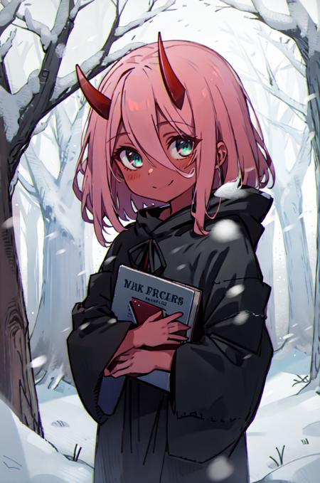 <lora:Zero_Two_Oni__Character_LoRA:1> Zero Two, 1girl, masterpiece, best quality, medium hair, black robe, (red skin), red horns, pink hair, green eyes, colored sclera, outdoors, forest, snow, snowing, smile, holding book