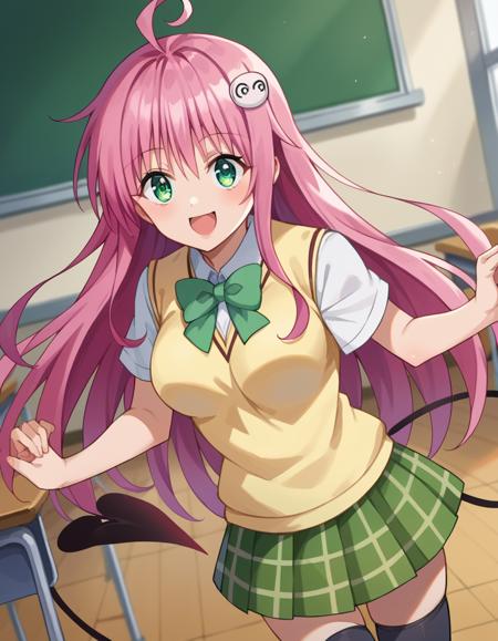 lala deviluke, long hair, pink hair, tail, ahoge, bangs, hair ornament, green eyes, demon tail, green skirt, plaid, plaid skirt, sainan high school uniform, school uniform, skirt, sweater vest, thighhighs, yellow sweater, short sleeves, bow, green bow,