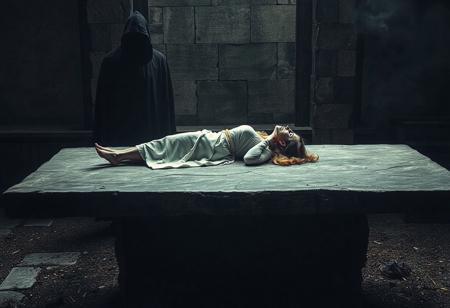 Medieval, fire and brimstone. A large stone slab table. A woman lays across the table  facing up on the stone table. A creepy dark hooded figure standing behind the table front facing.