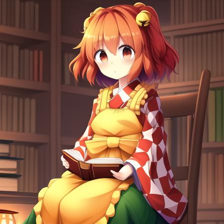 masterpiece, best quality,motoori kosuzu, touhou, orange hair,red eyes,short hair,bell headdress,red and white kimono,green long skirt,yellow apron,study,sitting on the chair,sitting behind the desk,books,lamp, <lora:kosuzu-000004:0.8>