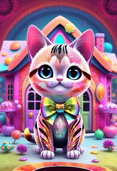A cute cartoon cat wearing a large bow, standing in front of a candy house. made out of fractangles, PG rating, sfw,