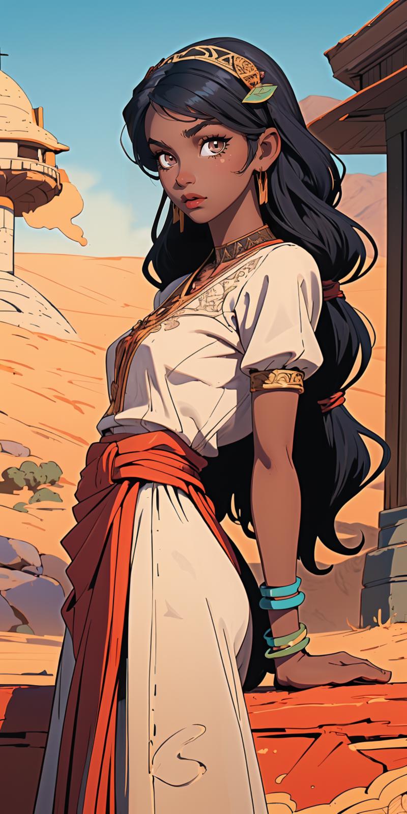 A woman wearing a white dress with a red belt and gold accents, standing in a desert setting.
