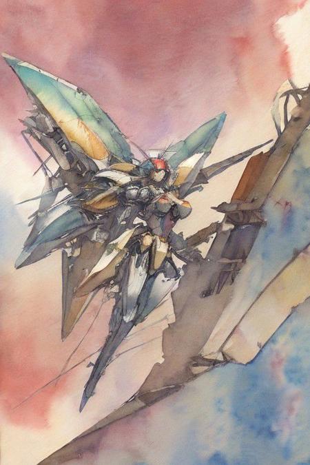 (watercolor art:1.5), 2d artwork, line art, cenptual art, a flying mecha robot in a space battle, cybernetics, stainless steel finishes and rusted steel, <lora:Llebbeuswoods
:1.5>, (action, motion pose), aviation