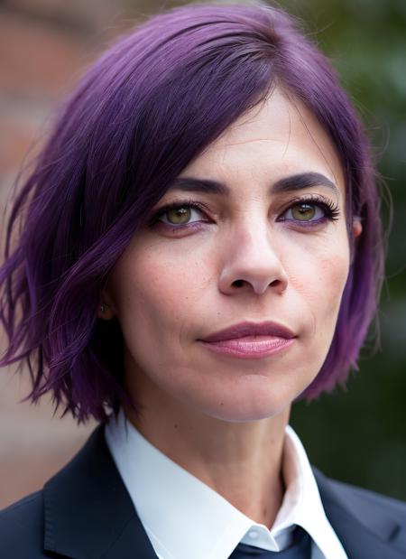 closeup portrait of skswoman, sleepy , wearing business attire , with purple Bob , background fantasy city epic (photo, studio lighting, hard light, sony a7, 50 mm, matte skin, pores, colors, hyperdetailed, hyperrealistic), <lyco:Maribel Verdu:1.1>