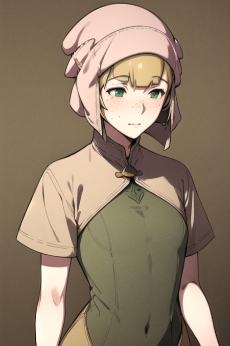 MaidenFE, 1girl, solo, short hair, blonde hair, dress, green eyes, short sleeves, capelet, freckles, brown dress, brown shirt, head scarf, brown capelet