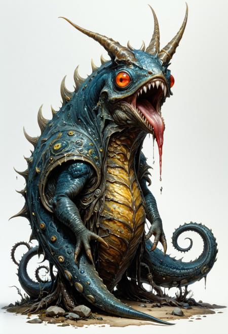 full body, lineart, concept art, a misshapen, beefy slug-like monster stands on a tentacle-like foot, glowing eyes, beak  with big teeth, spits poisonous saliva, watercolor wash, approaching perfection, pure form,  minimalistic, unfinished, concept art by Brian Froud and Carne Griffiths, intricate details, 8k post production, high resolution, hyperdetailed, trending on artstation, sharp focus, studio photo, intricate details, highly detailed, by greg rutkowski<lora:xl_more_art-full_v1:0.5>
dungeon and dragon , fantasy,  detailed_eye_model, white background, red olive blue yellow