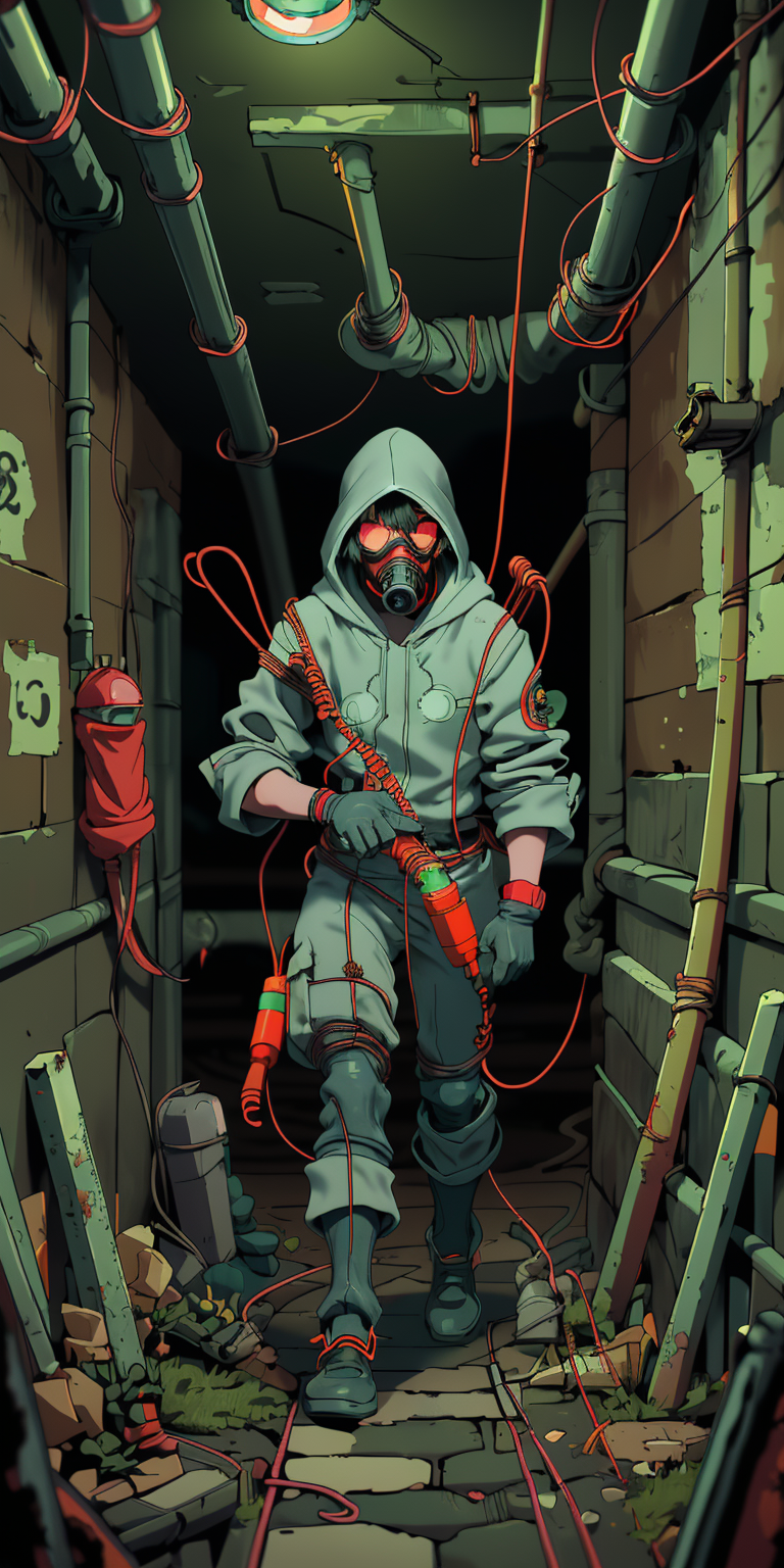 (masterpiece, best quality), 1boy, gas mask, ((goggles)), dark mood, hazard suit, hood up, gloves, dystopia, science ficti...