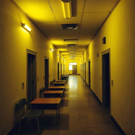 Un couloir interminable, baigné dans une lumière jaune maladive, s’étend dans un silence épais. Les néons bourdonnent faiblement, certains clignotent, projetant des ombres erratiques sur les murs délavés. Les carreaux blancs sont fissurés, tachés de moisissures qui s’étendent comme des veines mortes sous la peinture écaillée. Il n’y a pas de fenêtres. Il n’y a jamais eu de fenêtres.
Les portes des salles de classe sont entrouvertes, mais derrière, il n’y a rien. Rien d’identifiable. Juste des tableaux noirs où des traces de craie semblent s’effacer et réapparaître toutes seules. Des bureaux décalés, certains renversés, comme si quelque chose avait tenté de s’asseoir mais n’avait jamais su comment. L’odeur est atroce : un mélange de bois pourri, de papier brûlé et… quelque chose de plus ancien, de plus profond.
Parfois, au détour d’un couloir, un bruit résonne. Pas un cri. Pas un murmure. Juste… un raclement. Comme si quelque chose traînait sur le sol, lentement, sans jamais s’arrêter. Tu ne peux pas dire d’où ça vient. Ça ne semble pas se rapprocher. Ni s’éloigner.
Il n’y a pas d’horloge. Il n’y a pas d’issue. Juste ce labyrinthe de salles vides, de couloirs sans fin, de portes qui ne mènent nulle part. Un endroit oublié, mais pas abandonné.
Et au loin, un haut-parleur grésille. Une voix artificielle, déformée, déclame une annonce scolaire incompréhensible. Chaque syllabe résonne trop longtemps, comme si l’endroit lui-même refusait de la laisser s’éteindre.