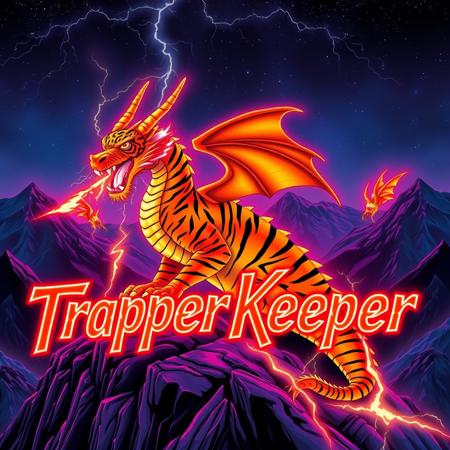 A tiger-striped dragon sitting on a mountain-top. Orange and black stripes.  Two horns.  Dragon Wings. Roaring.  Breathing fire.
Background mountains at night. Cosmic skyscape.  Synthwave colorscheme. Very realistic, fantasy illustration.
with the phrase "Trapper Keeper" emblazoned in 3D, intricate, lightning patterns, with a predominantly neon colors,