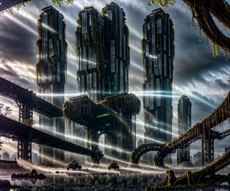 "An abandoned futuristic city slowly reclaimed by nature, colossal sci-fi skyscrapers crumbling under the weight of massive, twisted vines and glowing bioluminescent plants. Cracked metallic structures covered in moss, shattered glass towers overtaken by enormous tree roots, alien flora blossoming through rusted machinery. Mist floats between the ruins, casting ethereal light beams through broken ceilings. Hyper-realistic textures: oxidized metal, damp stone, glistening foliage, reflective water puddles. Wide-angle cinematic view, deep atmospheric perspective, extreme detail, hyperrealism, hauntingly beautiful mood."
