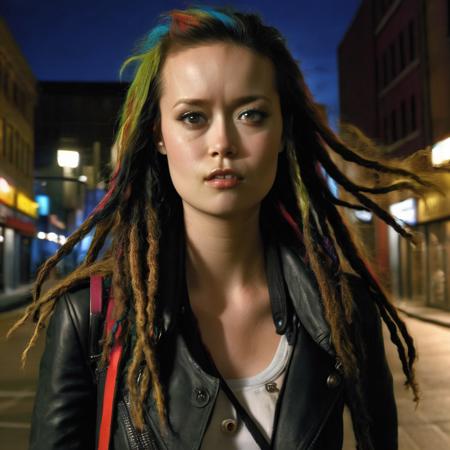 summer_glau, <lora:SummerGlauXL:1>, old photography of a punk rock singer, walking down the street, torn clothes, spiked leather jacked, black leather pants, multi colored hair, dreadlocks, choker, street scape at night, dramatic lighting, cinematic, cityscape, ((sharp face, detailed face, realistic face, naturtal skin, realistic skin, detailed skin, pores)), ((perfect eyes, detailed eyes,realistic eyes))