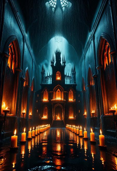 8k, Raw digital photo, an eerie haunted hall indoors, heavy rain falling indoors, tearStyle2, countless candles floating mid-air, flames untouched by water, water drops shimmering in the darkness, surreal and cinematic, gothic architecture, dramatic lighting, Full Colour, 80mm, minimalist,