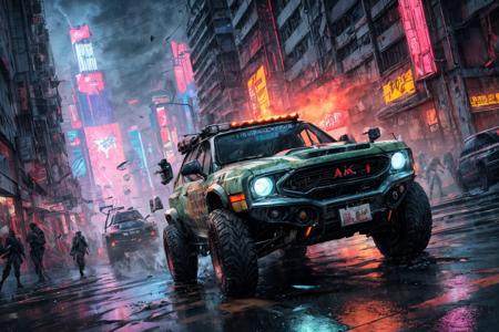 (RAW photo, 8k uhd, Analog style, Masterpiece, Best Quality, Highres:1.3), (dramatic, cinematic:1.2), BREAK,
movie shot of (ultra-detailed:1.1), (striped:1.3) (military:1.4) (cyberpunk:1.3) (battlecar:1.35) (armed with turret machine gun and grenade launchers:1.33) (rushing:1.3) through (cyberpunk city street:1.35), ((glossy:1.1) technological futuristic design:1.2), (drifting:1.3), (neon lights:1.1), (wet asphalt, reflections:1.2), (firing tires:1.35), (water splash, puddles:1.32), (debris:1.32), (steam:1.3), (frightened:1.1) (pedestrians:1.4), (bright day:1.15), (daytime:1.15) (cloudy sky, (rain:1.1):1.2), (skyscrapers:1.15), BREAK,
(photorealistic:1.2), (dutch angle:1.4), (light particles, colorful:1.2), (action movie scene, dynamic composition, fast, chasing:1.3), (motion blur, motion lines:1.3), (cyberpunk, science fiction, blockbuster, military vehicle, volumetric light:1.3), (daylight:1.2) (noir:0.5) (urban atmosphere, vehicle focus, cinematic tone, toxic, glowing, intricate, electricity, purple orange green color scheme, graffiti, (dust:1.1), no humans:1.2), BREAK,
<lora:more_details:1.0>,
<lora:zoom_slider_v1:2.0>