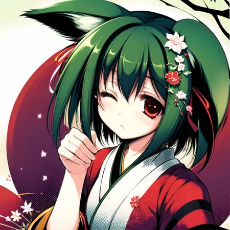 (masterpiece:1,2), best quality,
1girl, solo, green hair, one eye closed, animal ears, red eyes, japanese clothes, hair ornament, short hair, miko, ribbon, upper body,  branch, 
shinryuusai,  <lora:tenmu_shinryuusai:1>,