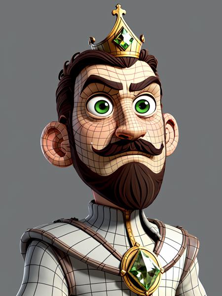 solo, crown, male focus, 1boy, facial hair, beard, simple background, brown hair, upper body, short hair, closed mouth, mustache, green eyes, gem, very short hair, grey background, thick eyebrows, jewelry,
wireframe,<lora:topo_v3_t2i:0.6>, close_up,  monochrome,