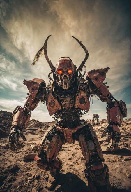 fisheye lens (fisheye view) photograph, ((Devil-Mech robotic assasin warrior on the moon)), militaristic echo image, blood splatters, emblem, echo image, sidelit, masterpiece from a different dimension, film grain, noise offset,  <lora:add-detail-xl:1>  candid photography, Getty Images quality photograph, cute and endearing photograph contrasted by violent mania , double exposure, multiple-exposure photograph, UHD, very slow shutter speed to capture motion, experimental coloured lighting, experimental angles, strong fisheye-lens/ intense fisheye-view photograph, intricately detailed, very detailed background, realisticvision-negative-embedding, realisticvision-negative-embedding, epiCRealism