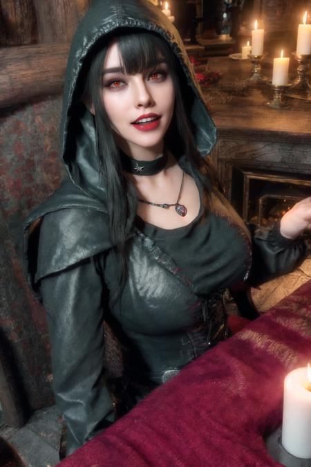 <lora:Serana_Reimagined:0.8> , Serana Reimagined, masterpiece, best quality, 1girl, red eyes, fangs, candle, black hair, hood, solo, looking at viewer, table, long hair, vampire, jewelry, indoors, open mouth, cup, makeup, teeth, hair between eyes, fire, red lips, signature, fireplace, necklace, chair, tongue, choker, bangs, swept bangs,