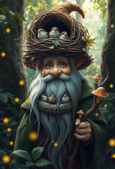 "Hyper-realistic depiction of a magical forest gnome, surrounded by lush, vibrant foliage and twinkling fireflies. The gnome's hat is a remarkable sight - a intricately woven bird's nest, complete with twigs, leaves, and feathers, and home to a brood of adorable baby birds. The birds' beady eyes peek out from the nest, and their tiny beaks open wide as they chirp for food. The gnome's face is a picture of gentle, wise kindness, with a long white beard and a twinkle in his eye. He wears a moss-green cloak and carries a staff made from a living tree branch, adorned with tiny, glowing mushrooms. The atmosphere is one of peaceful, enchanted wonder, with dappled sunlight filtering through the trees and a soft, earthy scent wafting through the air. Style: extremely detailed, hyper-realistic, and whimsically fantastical, with a focus on capturing the intricate textures and patterns of the natural world."