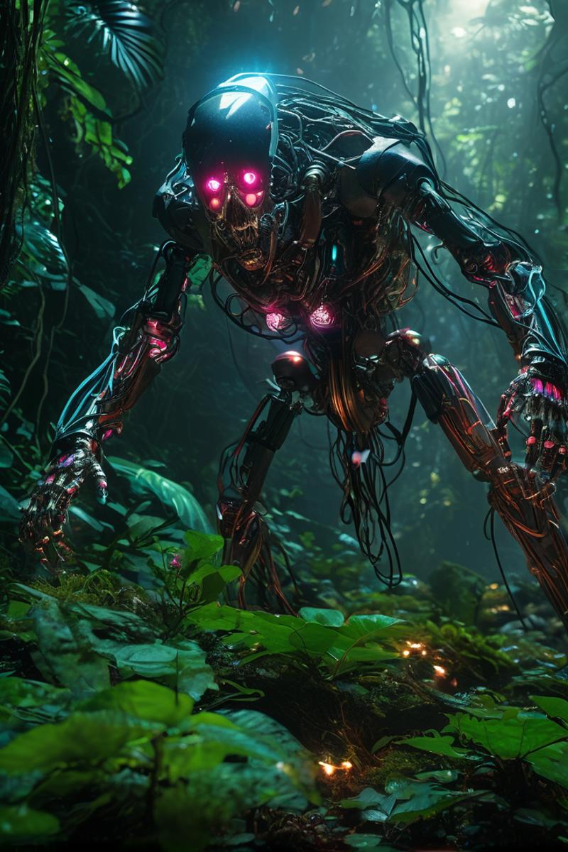 A Robotic Creature with a Pink Heart in the Middle of a Forest