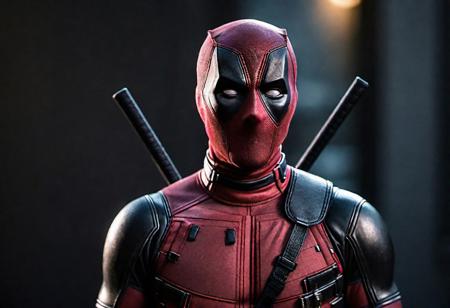 cinematic photo (deadpool), . 35mm photograph, film, bokeh, professional, 4k, highly detailed, realistic, detailed, photo realistic, sharp focus, 8k, Close-up, grim smile, relaxed pose, portrait movie shot, serious, menacing, chiaroscuro style photo, dark background, minimalism, dramatic lighting, professional quality, dull highlights and shadows, natural and  original,