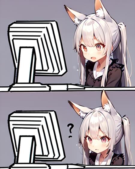 <lora:iamkonfus-aom2:0.8> 
a 2koma of a girl sitting confused at a computer, (purple)(short)(Bun) hair, 1girl, ?,  solo, , fox ears