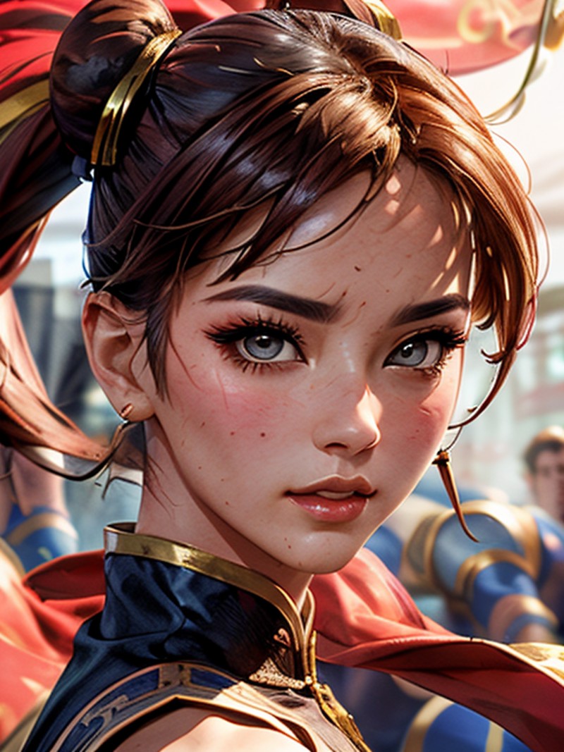 (AS-Adult:1.3) glamour portrait of beautiful chun-li, large breasts, solo, bare arms, fighting pose, trending on Artstatio...