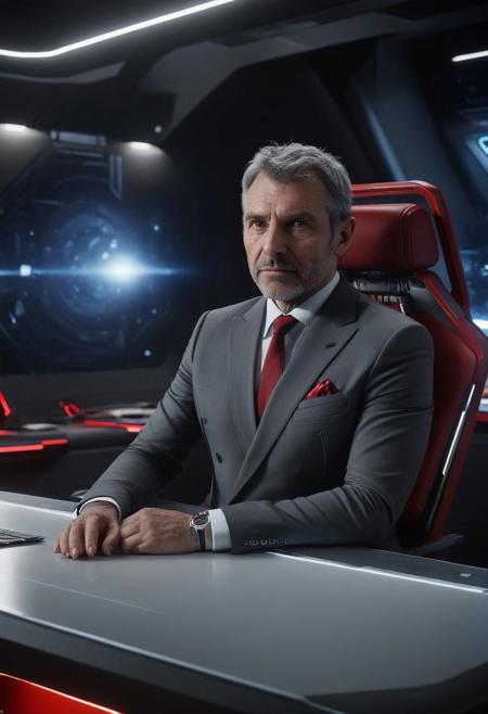 RAW photo, half body shot of a 55yo man, friendly face, short beard, wearing a futuristic  business suite with red accents, sitting behind a futuristic desk, science fiction room, office, star citizen, Cinematic Shot, Cinematic Lighting, Movie Still, high detail, detailed face, 8k
