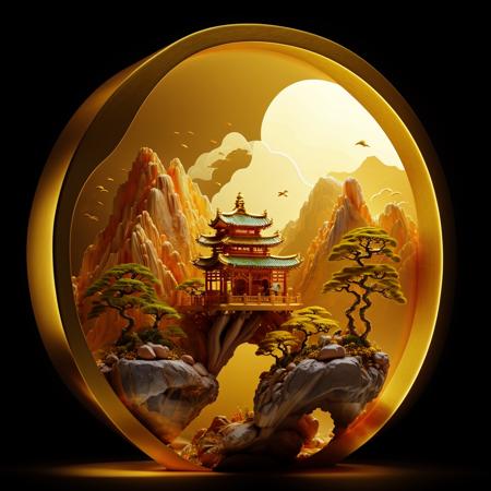 photorealistic,realive,miniature,bonsai in box,golden independent building,grass,nature,no humans,(underwater:1.3),fantasy,goldfish,
golden,gold trim,circular ring,fluorescent light,flsorescence,glow,glowing,jade and gem textured,(((golden mountain))),(waters),golden Ancient pavilion,plants,jewelry of jadeite and jade,genuine pearl,
(golden auspicious clouds:1.1),towering trees,light strip,mountain road,light strip,backlight,transparent acrylic,<lora:ali_golden_v22:0.8>,