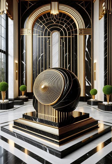 A majestic Art Deco interior featuring a monumental marble sculpture of a snail on a black marble pedestal. The snail is intricately detailed with sharp, clean golden lines forming a dense geometric grid on its body and bold concentric arcs on the shell. The background wall features a dramatic sunburst pattern in gold over dark blue marble, evoking the grandeur of a 1930s train station lobby. The atmosphere radiates opulent futurism, blending natural elegance with mechanical symbolism. Strong contrast between cold grayish marble and luminous gilded accents, perfect symmetry and theatrical lighting, The background is cool-toned gray marble, with radiant sunburst lines behind the figure. Every surface shimmers with polished metal and black stone, exuding futuristic optimism as envisioned in the opulent age of the Roaring 20s. The darkest blacks contrast with the most brilliant gold, surrounded by geometric architecture, mechanical motifs, and heroic grandeur. Elegant lighting enhances the drama. Inspired by heroic propaganda murals and luxurious train stations.