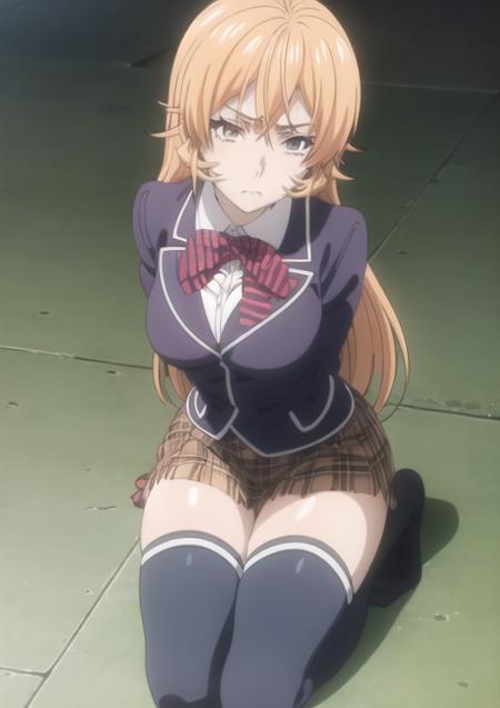 <lora:nakiri_resize:1.2>, 1girl,  nakiri erina, kneeling, purple thighhighs, jacket, plaid skirt, ((anime_screencap_erina)) , [[hands on breasts]]