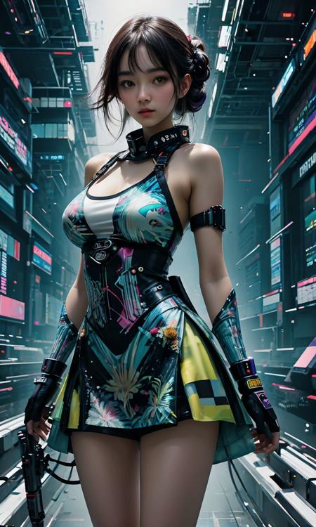 high resolution, best quality, masterpiece, ultra high res,, A girl named Ai Hashimoto,solo, insanely detailed, Tropical print halter sundress with a high-low hemline,Futuristic Cyber City with Neon Holograms