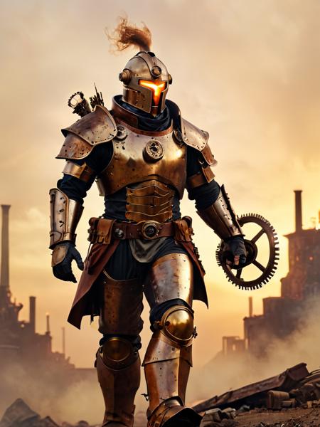 ASCIIin the depths of a sprawling, rust tinged industrial cityscape, an imposing figure strides confidently across the landscape. this figure is clad in an intricate suit of armor, crafted from brass and gears. the armor gleams dully under the muted light of the smoggy sky, reflecting hues of orange and red that echo the warm glow of nearby fires. the warrior's helmet is a fanciful action pose superhero comic art of engineering, adorned with glowing orbs that serve as both eyes and a means to amplify the wearer's vision. in their left hand, they wield a weapon not of steel but of gears and steam, its power coiled like a sleeping beast within the intricately crafted frame. their right hand grips a lever, controlling the flow of energy that propels them forward at speeds rivaled only by the thundering roar of a train. a plume of steam billows out behind them, marking their relentless march through the city streets. around them, the remnants of past battles and failed machines lay scattered; the remains of once mighty constructs now mere relics of a bygone era. despite these dangers, our steampunk warrior forges ahead, undeterred and unyielding, ready to face any challenge that comes their way. this scene is reminiscent of the image you provided, but instead of a warrior armed with a sword, we see a character who has embraced the fusion of technology and invention, embodying the spirit of innovation and progress in this world where steam and gears rule over swords and shields., 8k, uhd, sharp focus, bokeh, fujifilm, realistic, diffuse lighting, detailed lighting